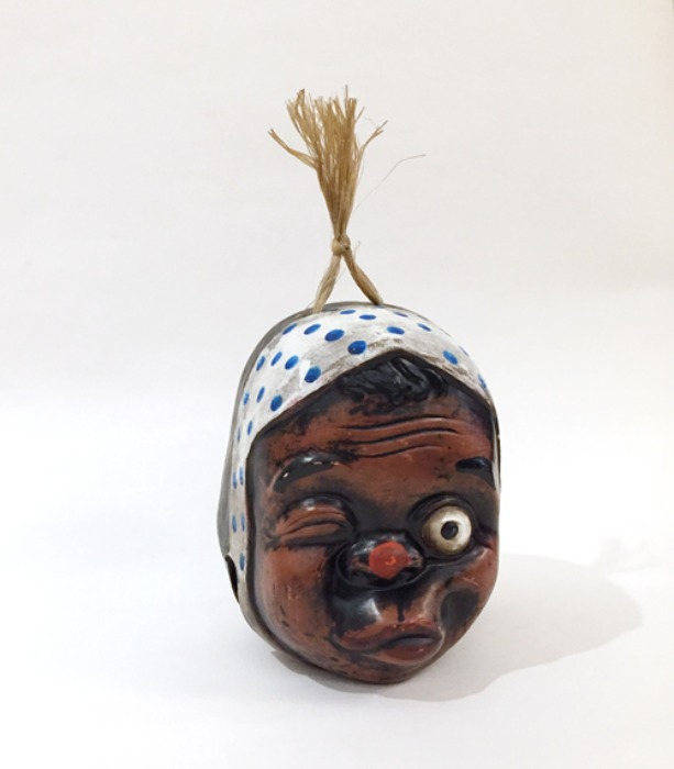 [JAPAN]60s Antique japanese irezumi “Hyottoko &amp; Okame” two-face ceramic bell.