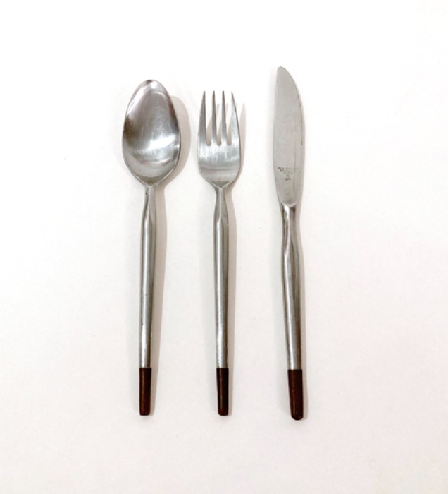 [JAPAN]80s SRI stainless wood fork/spoon/knife set.