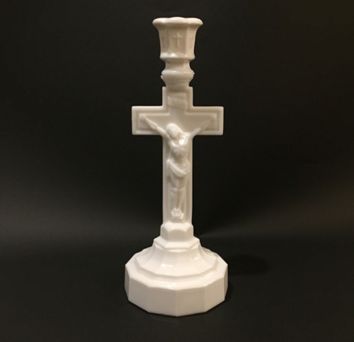Antique “Jesus Christ” milk glass candle holder.