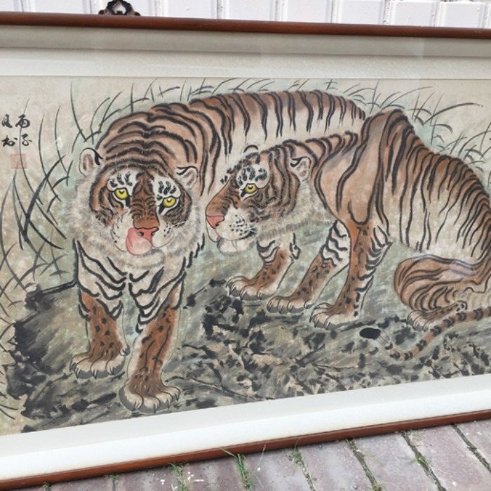 [JAPAN]50s Antique 昭和時代 쇼와시대 “Neko Tora” original painting frame.