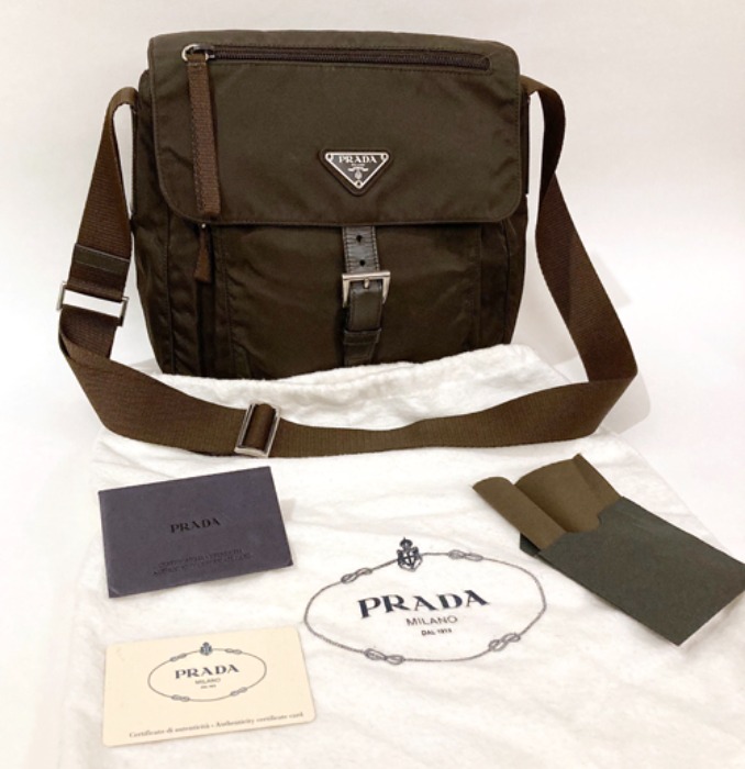 [italy]PRADA “VELA” brown color nylon/leather cross bag.