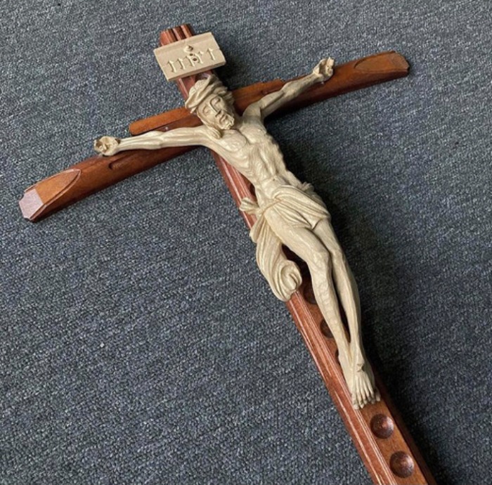 [italy]70s antique Jesus big size hand-made wood crucifix wall objet.
